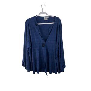 Womens Textured Blue Long Sleeve Cardigan With Single Button Closure & Rolled Sl